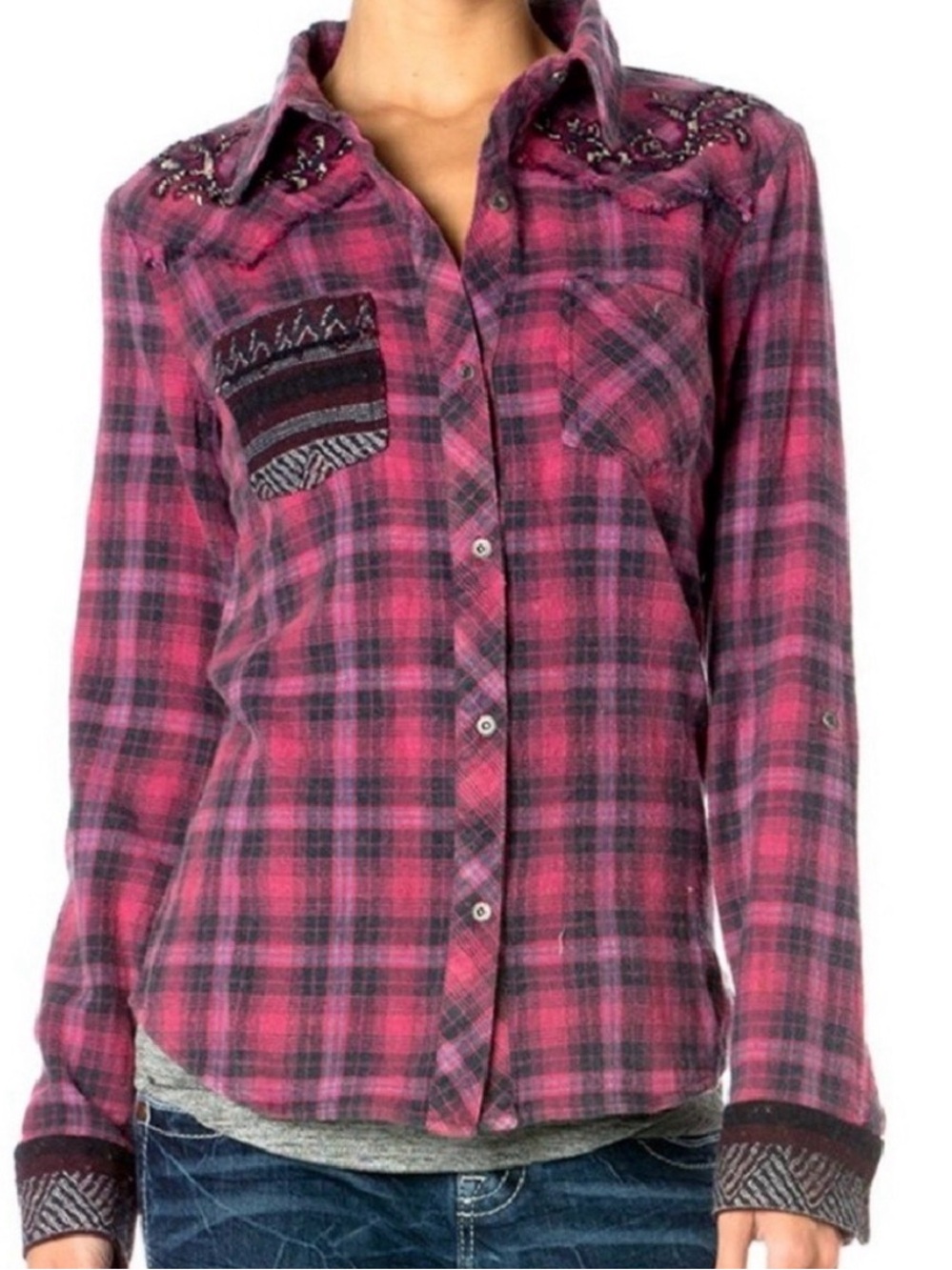 Miss Me Embroidered Western Plaid Button-Down Shirt